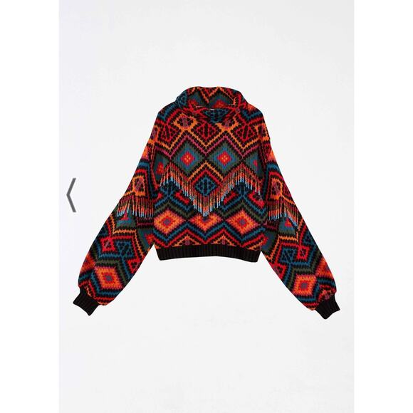 Farm Rio Rauti Beaded Sweater Small Turtleneck Aztec Knit Tassel Multicolor Top - Picture 6 of 11